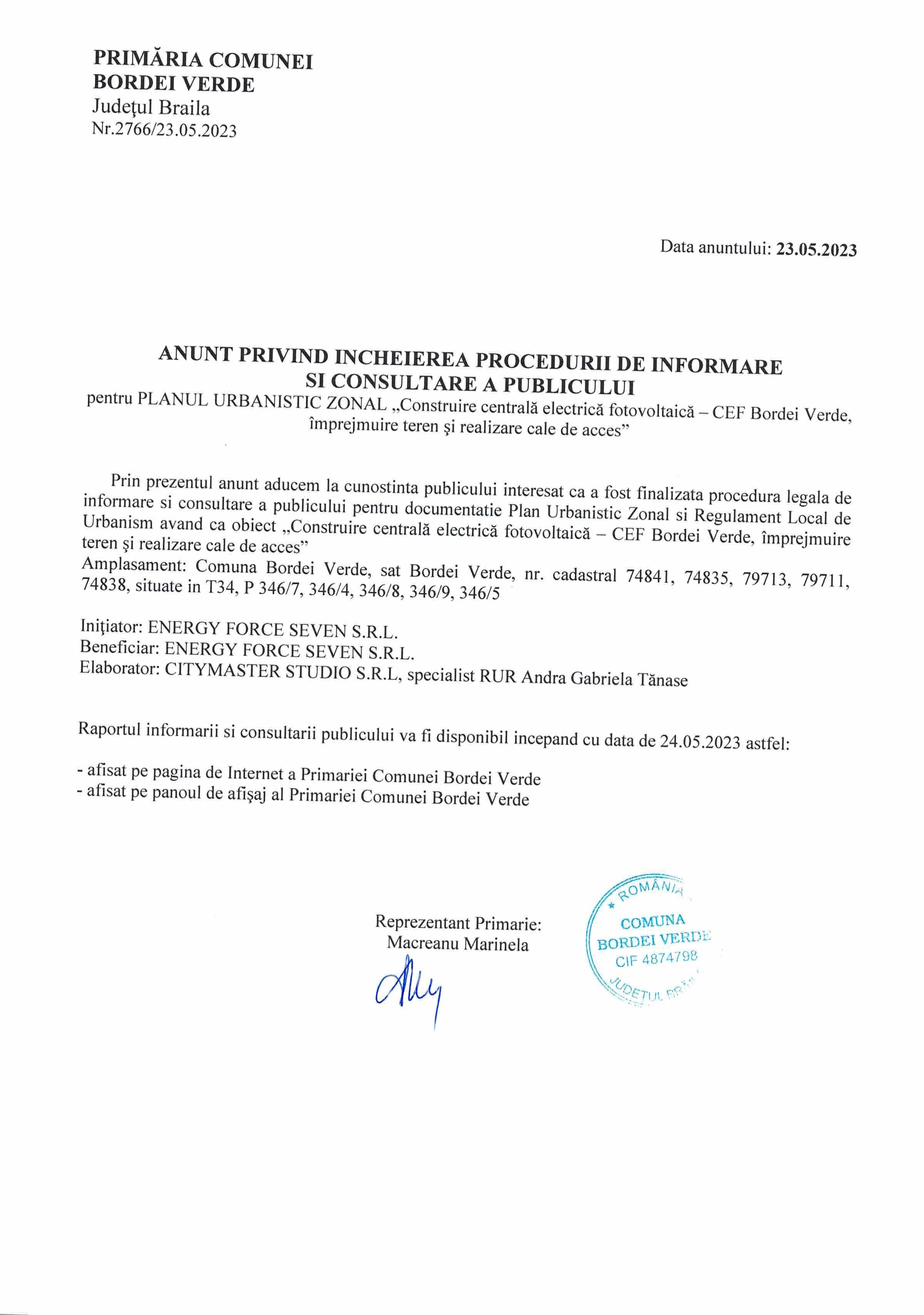 ANUNT PRIVIND INCHEIEREA PROCEDURII DE INFORMARE SI CONSULTARE A PUBLICULUI